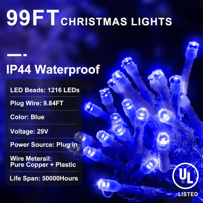 Christmas Lights Outdoor Decorations 1216 LED 99ft 8 Modes Curtain Fairy String Light with 228 Drops, Clear Wire LED String Light Indoor Decor for Wedding Party Holiday Christmas Decoration Blue