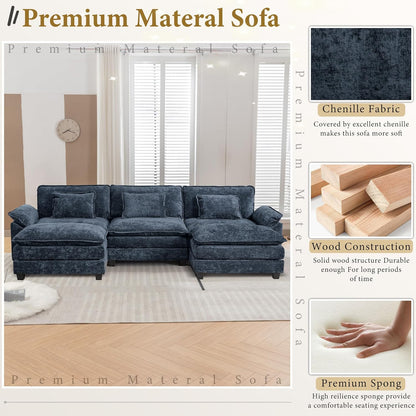 URRED Modular Sectional Sofa Comfy Cloud Couch, Modern Chenille Sofa Sleeper Deep Seat Couches with Ottoman/Pillows for Living Room (Blue, 117'' - U Shape)