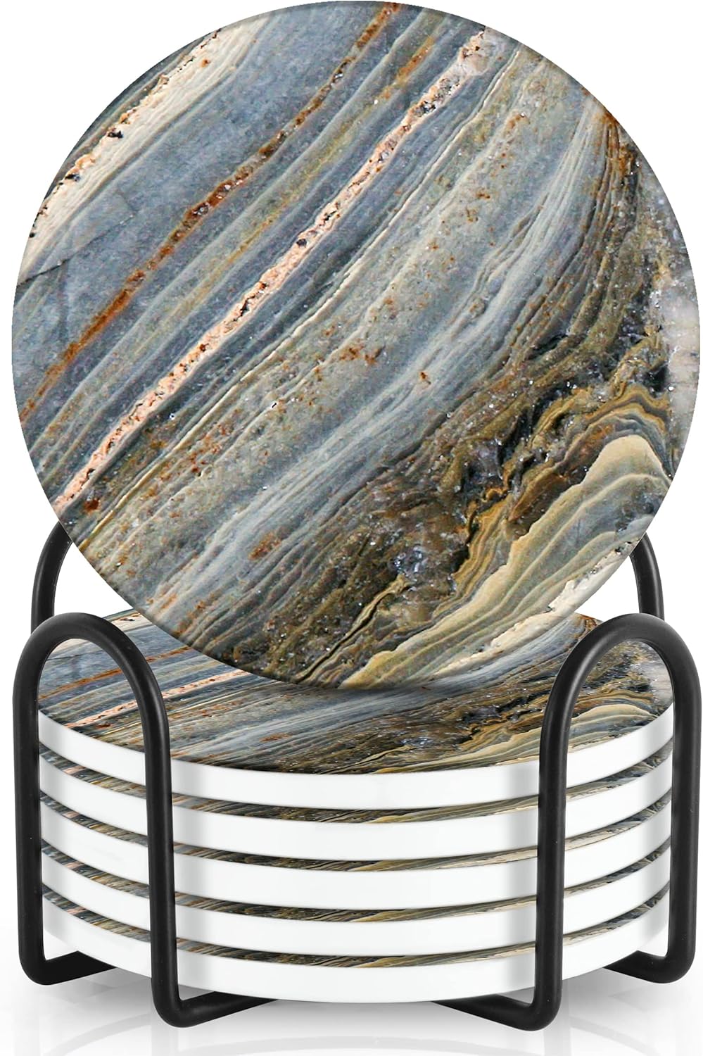 Emerson Coasters for Drinks Absorbent – Natural Stone Drink Coasters Set with Holder, Coasters for Coffee Table, Wooden Tabletop Protection Marble Style – 100% Heavy Duty Set of 6 (Moon)