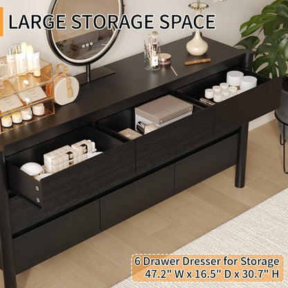 Dresser for Bedroom with 9 Drawers,63" Wide Black Dresser with 4 Solid Wood Legs, Wooden TV Stand,Closet Clothes Organizer for Bedroom, Hallway