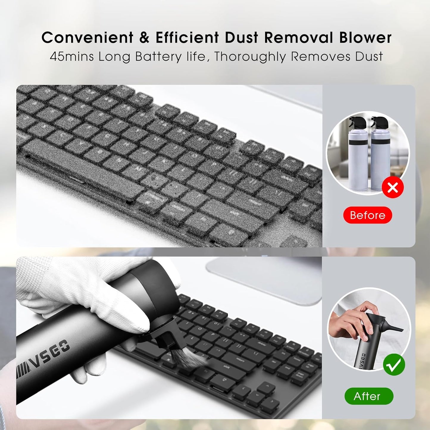 VSGO Electric Compressed Air Duster, Portable Cordless Handheld Air Blower with Led Light,10000mah Quick-Fill Inflator with 3nozzles Compatible for Gaps, Computer, Keyboard