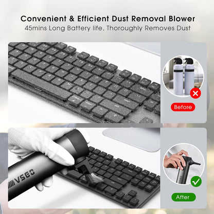 VSGO Electric Compressed Air Duster, Portable Cordless Handheld Air Blower with Led Light,10000mah Quick-Fill Inflator with 3nozzles Compatible for Gaps, Computer, Keyboard