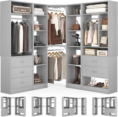 Corner Closet System with 5 Drawers, Closet Organizer System with 15+Shelvess & 4 Hanging Rods, 63.2"L * 63.2"W / 87.2"L * 39.2"W Reversible L Shaped Walk-in Closets, Load 2500+LBS, Grey