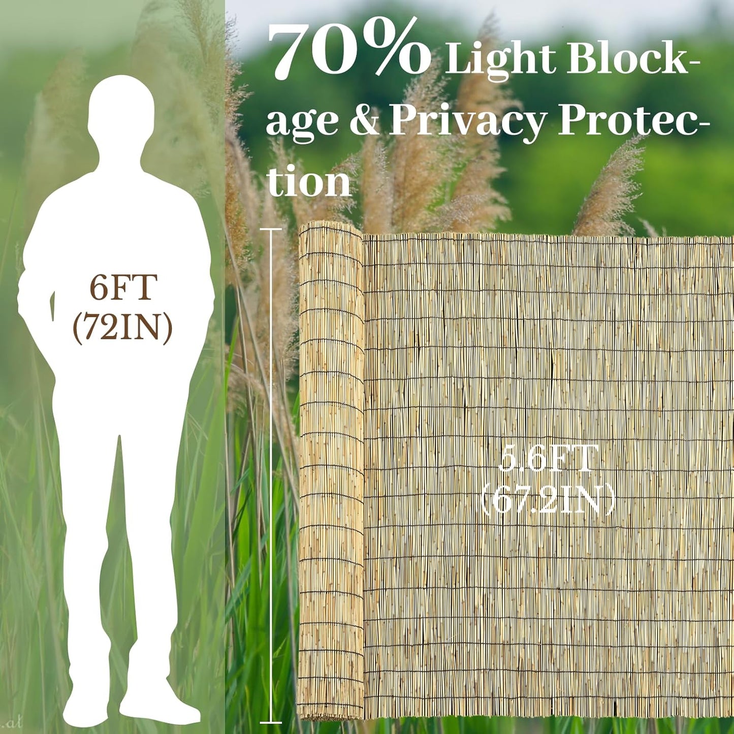 Natural 5.6FT X 16.4FT Reed Fencing Roll, Balcony Privacy Reed Shade Bamboo Fencing Garden Fence Border, Wind Block Sunshade Fence Screen for Outdoor Yard Patio Flower Bed Edge