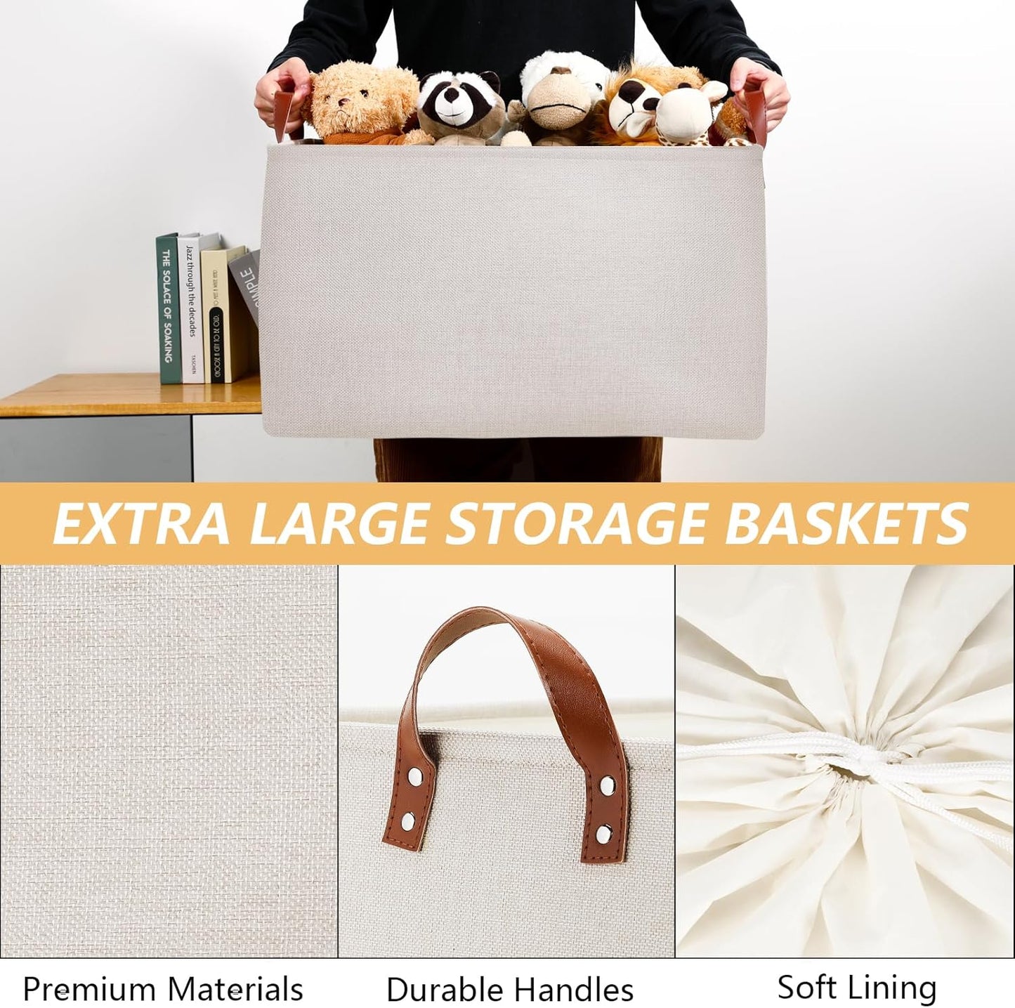 DULLEMELO Large Beige Storage Basket 70L Oversized Canvas Fabric Storage Bin, Collapsible Rectangular Toys Basket Organizer with Handles, 22X15 Storage Container for Clothes, Blankets, Pillows