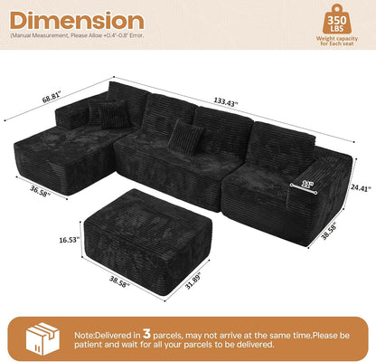 Cloud Sectional Couches for Living Room,U Shaped Modular Sofas No Assembly,133x68 Inches Plush Corduroy Oversized Floor Couch Set with Deep Seat Chaise,Black