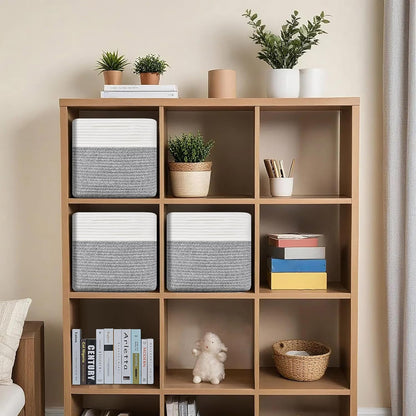 3 Pack Storage Cubes 11 Inch Cotton Rope Woven Baskets for Organizing Cube Bin Square Shelves Organizer,Classroom,Kids Toy Bins,Closet,Baby Nursery(Grey)