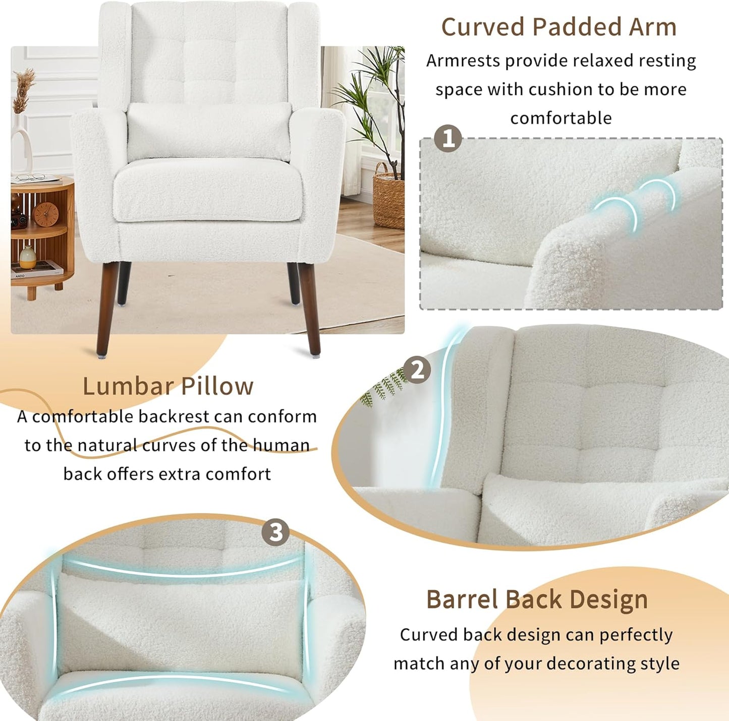 Modern Accent Chair, Upholstered Armchair with Pillow, Teddy Single Sofa Chair with Lounge Seat and Wood Legs Accent Chair for Living Room Bedroom Small Spaces