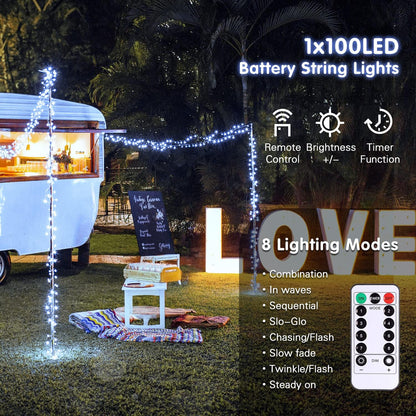 JMEXSUSS White Battery Operated String Lights Outdoor Waterproof, 33ft 100 LED Battery Power Christmas Lights Indoor, 8 Modes Twinkle Fairy Mini Light with Remote for Wedding Bedroom Tree