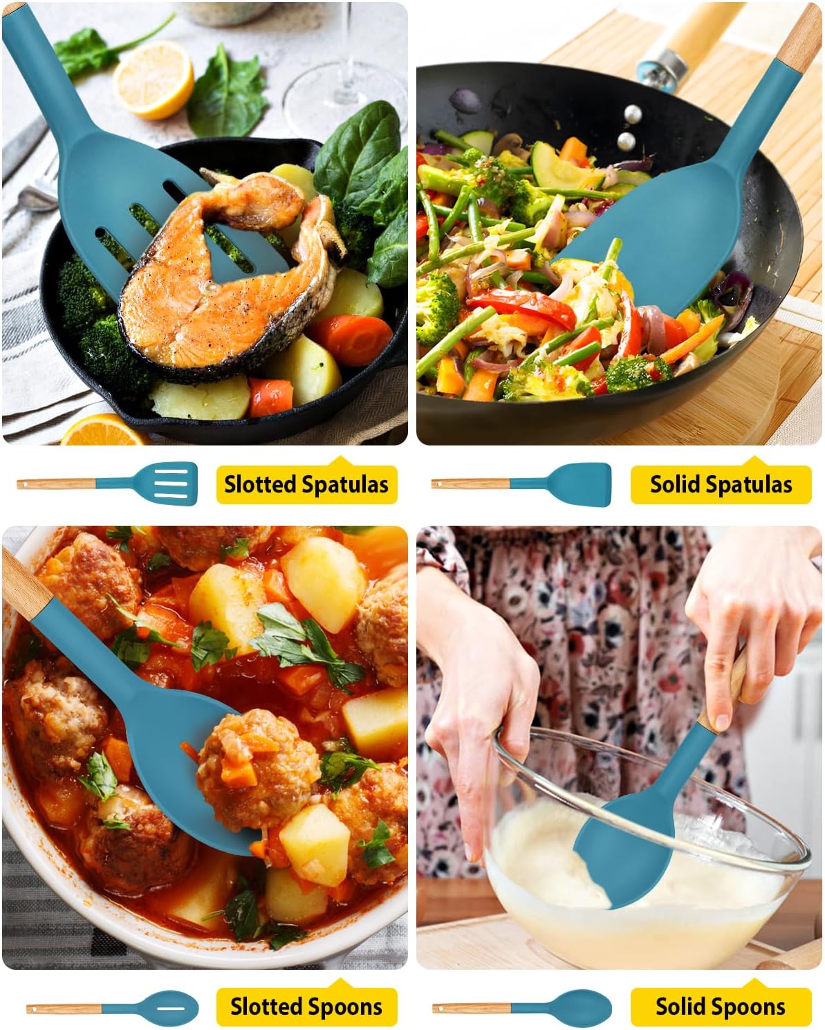 Pack of 4 Silicone Cooking Utensils Set, Non Stick Solid Spatulas and Heat Resistant Slotted Spoons with Wooden Handle, Ideal Wood Kitchen Utensils Set for Frying,Serving,Turning,Stirring (BLUE)