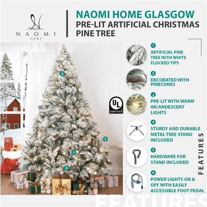 Glasgow 7.5ft Frosted Prelit Artificial Christmas Tree with Pine Cones, Foot Pedal, 1556 Branch Tips, 750 Warm Lights & Metal Stand, 61" Wide Realistic Pine Snow Flocked Christmas Tree with Lights