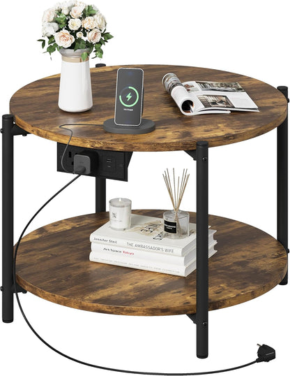 LIKIMIO Side Table, 23.6" W Round End Table with Charging Station, Modern Wooden Nightstand for Small Spaces, Living Room, Bedroom, Rustic Brown