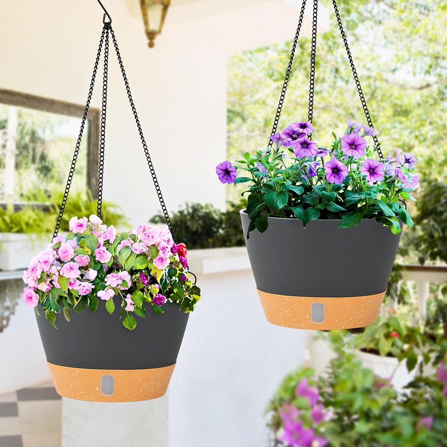 QCQHDU 2 Pack Hanging Planters for Indoor Outdoor Plants, 8 Inch Hanging Baskets Flower Pots with Reservoir Tray & Visible Water-Level