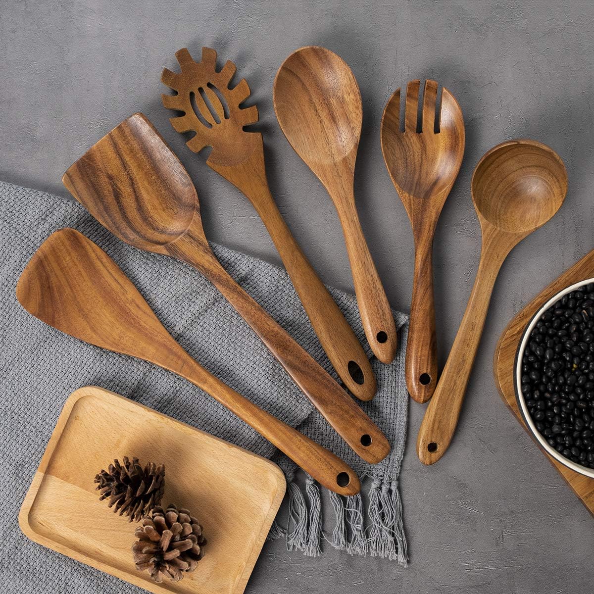AIUHI 10 Pack Wooden Spoons for Cooking, Teak Wood Kitchen Utensils Set for Non Stick Use, Spatula Set for Stirring, Baking, Non Stick Wooden Utensils for Kitchen