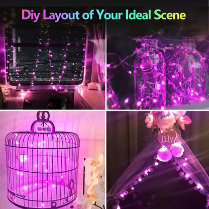 2 Pack 100LED Battery Operated Fairy Lights with Remote, 8 Modes LED String Lights with Timer, Dimmable, Memory Function, Waterproof Twinkle Lights for Outdoor Indoor Christmas Decor(Purple)