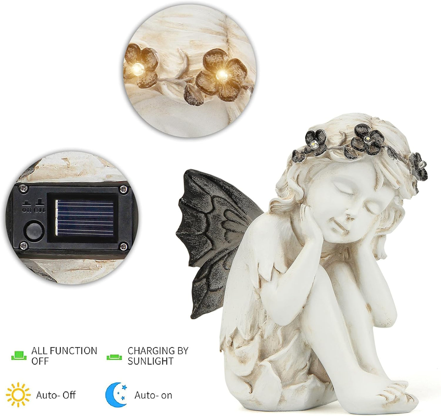 Leekung Ivory White Resin Sculpture, Angel Figurine with Solar Powered Lights for Outdoor Decor, Garden Decorations & Memorial Gifts