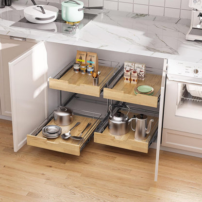 Pull Out Cabinet Organizer,Heavy-Duty Slide Out Shelf, Wood and Wire Basket, Pull Out Drawer for for Kitchen Under Sink Space, Pantry, Bathroom, 2 Tie 11 * 21 in