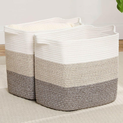 Tall Storage Bins for Clothes Fabric Cotton Rope Storage Baskets with Handles, Decorative Woven Basket for Living Room,Closet Organizer Blankets, and 2bags (Gradient Brown, L16×W11.4×H15.9)