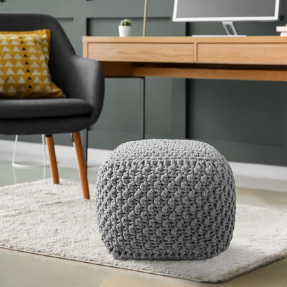 Casafield Square Pouf Ottoman, Light Gray 18.5" W x 18.5" D x 14.5" H Cotton Knit Foot Stool - Boho Floor Pouffe for Living Room, Bedroom, Home Office