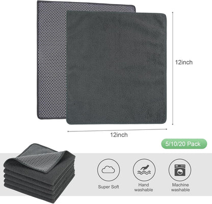 SINLAND Microfiber Dish Cloth Kitchen Washcloth Best Kitchen Cloths Cleaning Cloths Poly Scour Side 12"x12" 20Pack Dark Grey