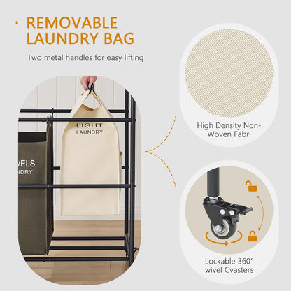 Laundry Sorter 3 Section,Laundry Hamper Cart with Hanging Rack & Removable Bags,Heavy Duty Laundry Basket Organizer with Wheels & 2 Tier Shelf,3 Colors