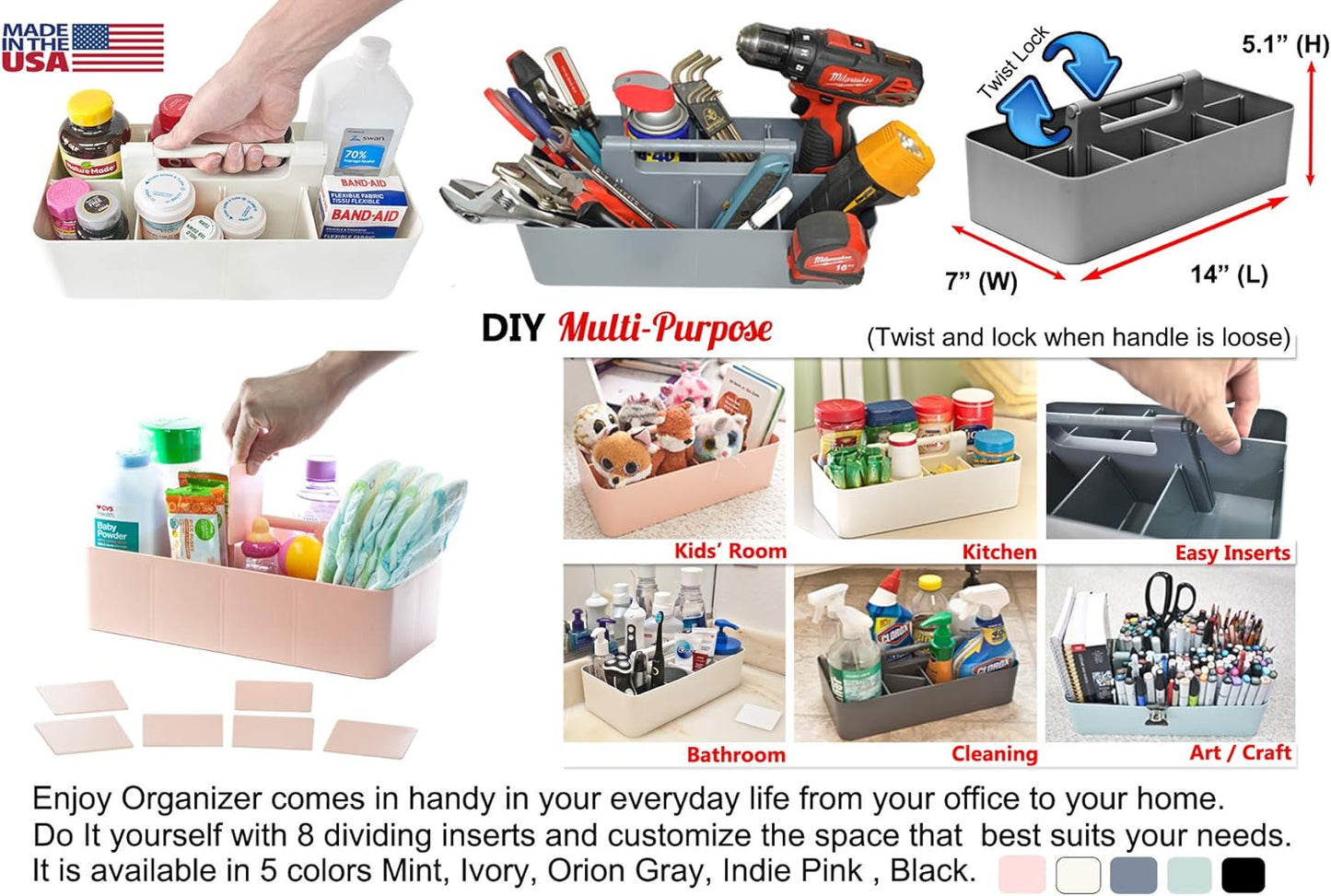 2 PACK - Portable DIY 8 Dividers Durable Plastic Organizer Tote Tool Home Office School Toy Arts Craft Pencil Kids Baby & Supply Cleaning Caddy with Handle Made In USA (Indie Pink)