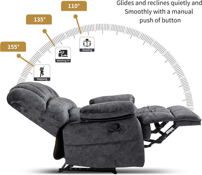 Luxlen Large Manual Recliner Chair,Soft Fabric Push Back Recliner with Overstuffed Armrest and Backrest, Living Room Single Sofa Recliners,Grey