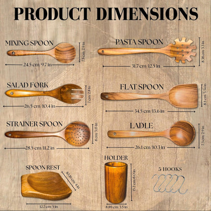 Wooden Spoons for Cooking - 8 Piece Natural Teak Kitchen Utensil Set Non Toxic - Teak Wooden Utensils with Spoon Rest and Holder