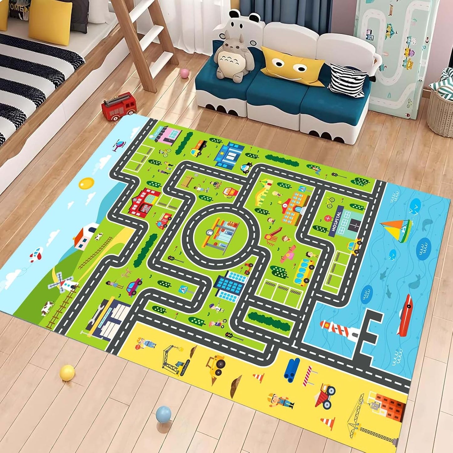 Kids Rug Playroom Car Rug Play Mat City Life Road Rugs Fun City Map for Kids Toy Cars,Carpet for Bedroom Boys (Green-Rug, 4x6ft)
