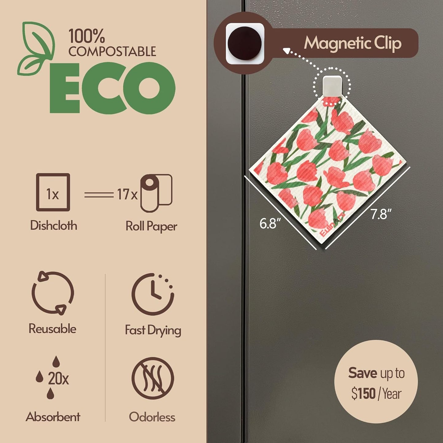 Swedish Dishcloths for Kitchen, 8 Pack Flower Reusable Paper Towels Washable, Non-Scratch Swedish Kitchen Towels, Super Absorbent Cellulose Dish Cloths, Eco Friendly Gifts