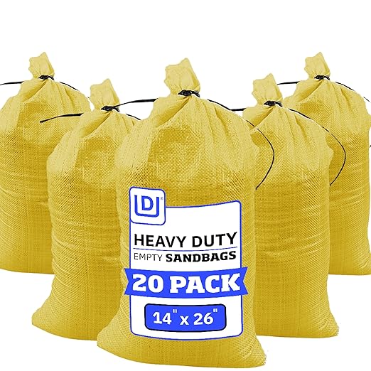 DURASACK Heavy Duty Sand Bags with Tie Strings Empty Woven Polypropylene Sand-Bags for Flood Control with 1600 Hours of UV Protection, 50 lbs Capacity, 14x26 inches, Yellow, Pack of 20