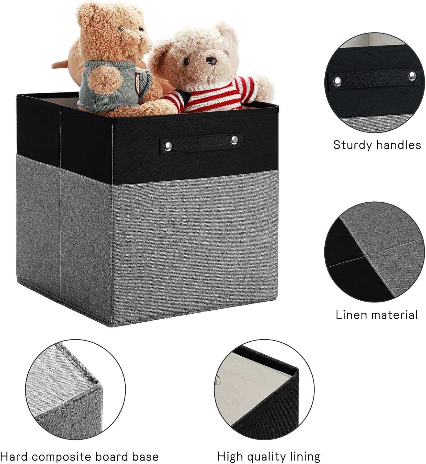 13 x 13 Inch Fine Linen Storage Bins with Handles，Fabric Cube Boxs，Collapsible Basket Organizers for Shelves for Home, Closet Drawers (Black/Gray-4 Pack)