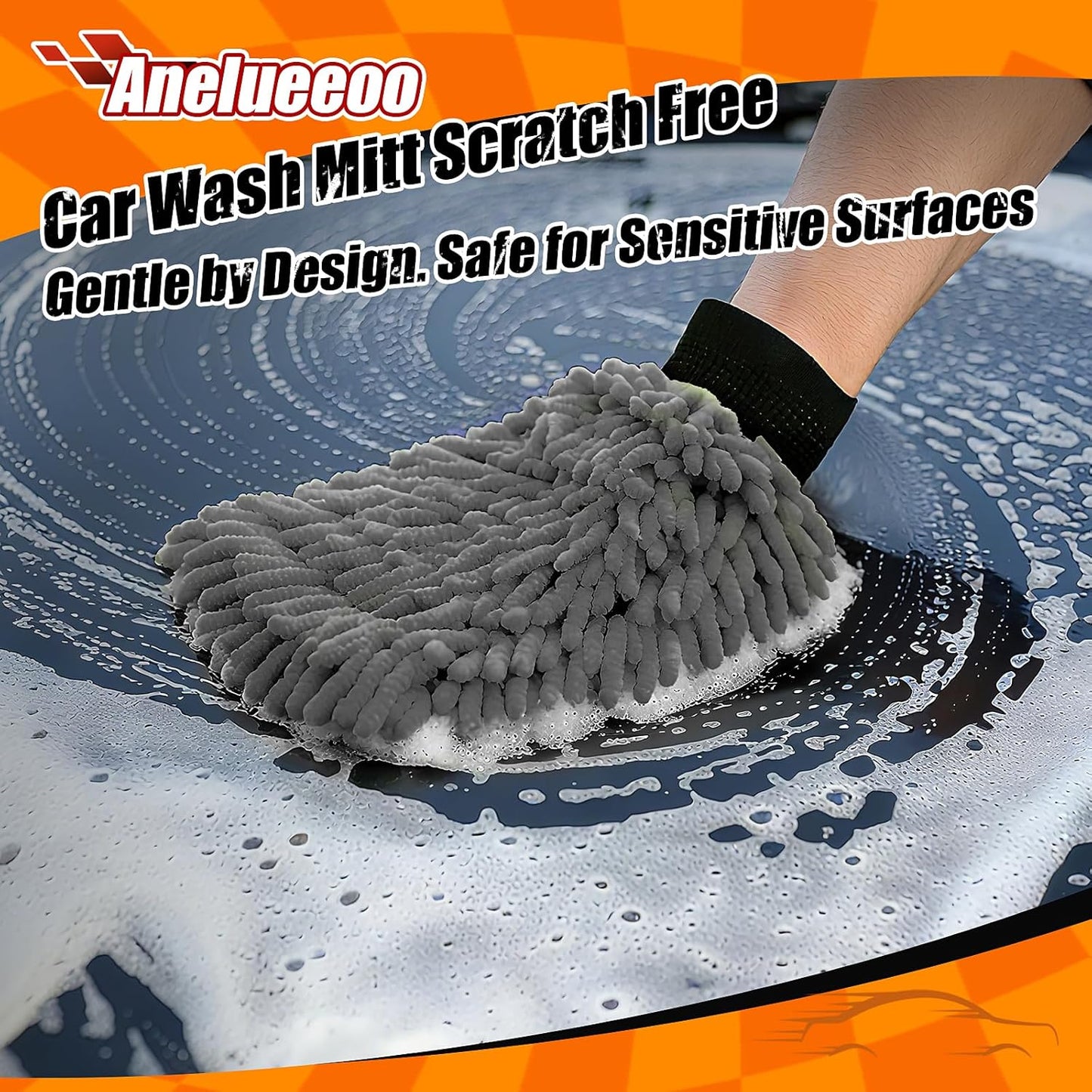Car Wash Mitt Microfiber, Premium Chenille Microfiber Wash Car Mitts Sponge Scratch Free & Lint-Free, Mitts Waterproof Lining 4 Pack Gray(8''X12'')
