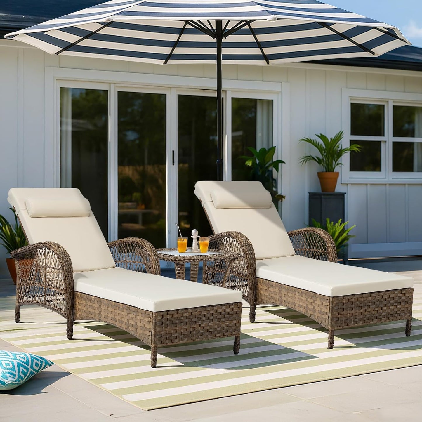 VIVIJASON 3 Pieces Outdoor Wicker Chaise Lounge Chair Set, All-Weather PE Rattan Cushioned Patio Lounger Set of 2 with Side Table, Adjustable Pool Sunbathing Recliner with Armrest & Pillow, Beige