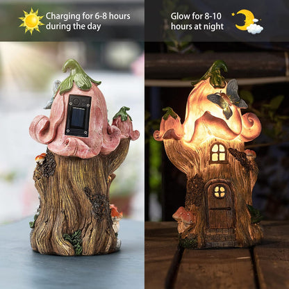 Fairy Garden Accessories Outdoor Statues, Mushroom House Decor,Large Gnome Solar Powered Lights Sculptures,Pink Resin Figurine Butterfly Figurines Lawn Ornaments for Patio Yard Decorations 11Inch