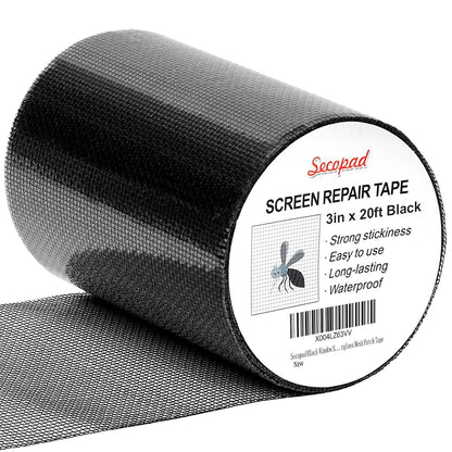 Black Window Screen Repair Tape, 3IN x 20FT (240IN) Screen Repair Kit for Windows or Doors, Strong Adhesive Fiberglass Mesh Patch Tape