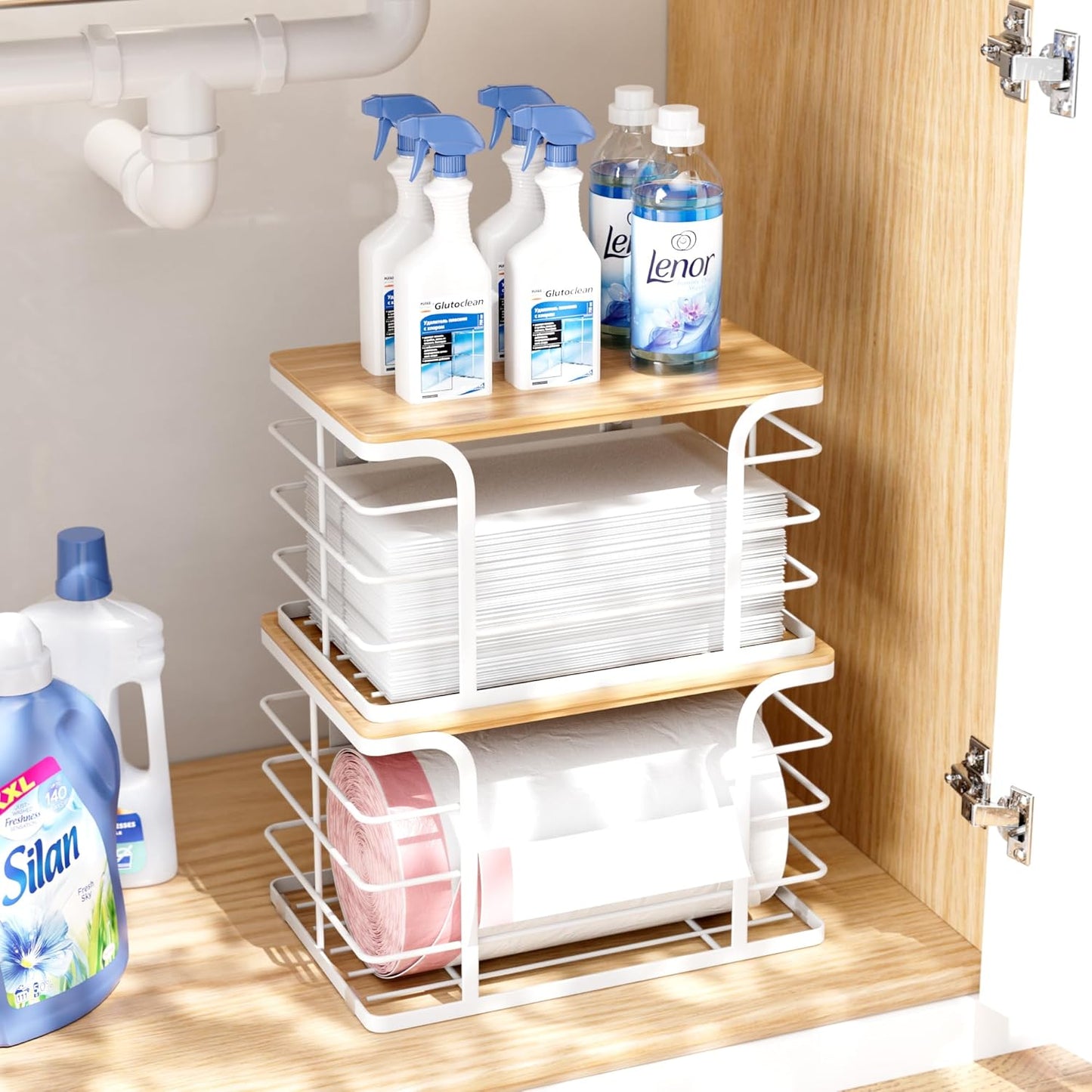 2 Pack Extra Large Stackable Pantry Organizer,Wall Mount Garbage Bag Holder Dispenser with Bamboo Top for Kitchen Laundry Room Organization,White