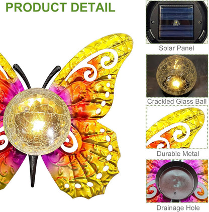Solar Lights Outdoor Garden Butterfly Decor, Metal Butterfly Statue Decoration with LED Crackle Glass Globe, Solar Powered Lighted Garden Art Decor for Patio Lawn Yard Pathway Tabletop Ground