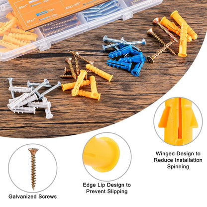 KURUI Wall Anchors Kit for Hanging Wall Art Decor, 160Pcs Drywall Anchors Assortment Kit for Frame Shelf Decorations, Plant Hooks, 135 Screws and 135 Plugs, Picture Hangers for Drywall Concrete Brick