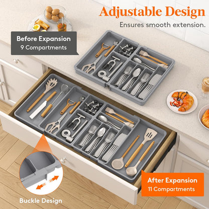 Lifewit Large Silverware Drawer Organizer, Plastic Cooking Utensil Tray for Kitchen, Expandable From 21 to 36 Inches, Adjustable Flatware Cutlery Spoon Fork Knife Spatula Gadgets Holder, Gray
