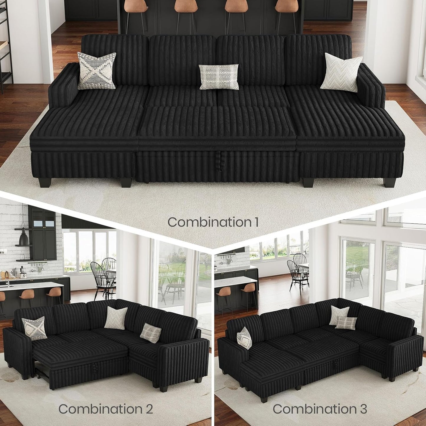 Belffin Oversized Sofa Bed Modular Sectional Sleeper Sofa with Pull Out Bed L Shaped Couch with Storage Chaise Black Couch