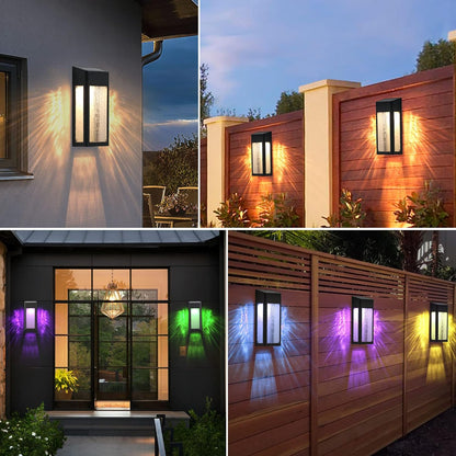 Solar Outdoor Lights, Metal Seeded Glass Fence Lights, Auto On/Off Waterproof Wall Lights,Warm/Color Changing Light Solar Lights for Wall Fence Patio Yard Porch Garden Decor,4 Pack