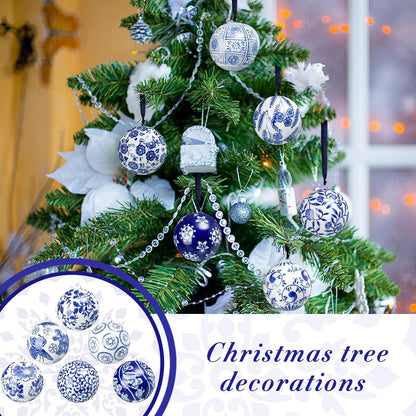 Cindeer 12 Pcs Blue and White Christmas Porcelain Balls 2.4 Inch Porcelain Chinoiserie Ornament Bulk Christmas Ceramic Hanging Decorative for Tree Home Xmas Party (Groovy Style)