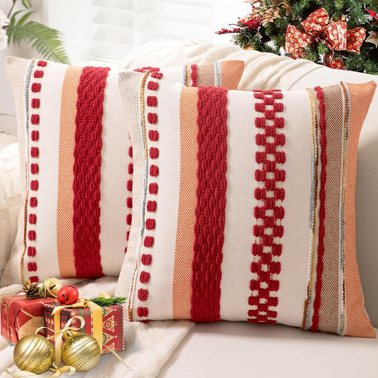 Boho Throw Pillow Covers 18x18 Set of 2 Christmas Decorative Cushion Case Striped Square Pillows Cover Chenille Pillow Cases Accent Neutral Pillowcase for Sofa Couch Bed,Red