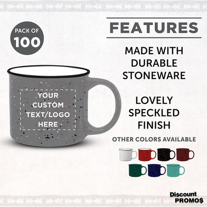DISCOUNT PROMOS Custom Ceramic Campfire Coffee Mugs 13 oz. Set of 100, Personalized Bulk Pack - Perfect for Tea, Espresso, Cappuccino, Hot Cocoa - Grey