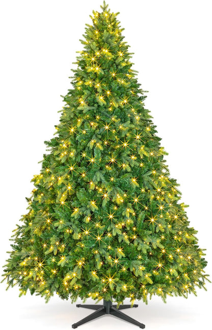 9FT Pre-Lit Christmas Tree with Remote Control, Multi-Color LED Lights, Musical Rotating Christmas Tree Stand, Easy Assembly in 3 Sections, Foldable Metal Stand for Home Holiday Decor