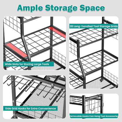EVERHANGER Garden Tool Organizer Stand, Garage Tool Storage Organization, Yard Tool Racks with lockable wheels, Fit for Long-Handled Tools/Rakes/Brooms, Indoor/Outdoor Use