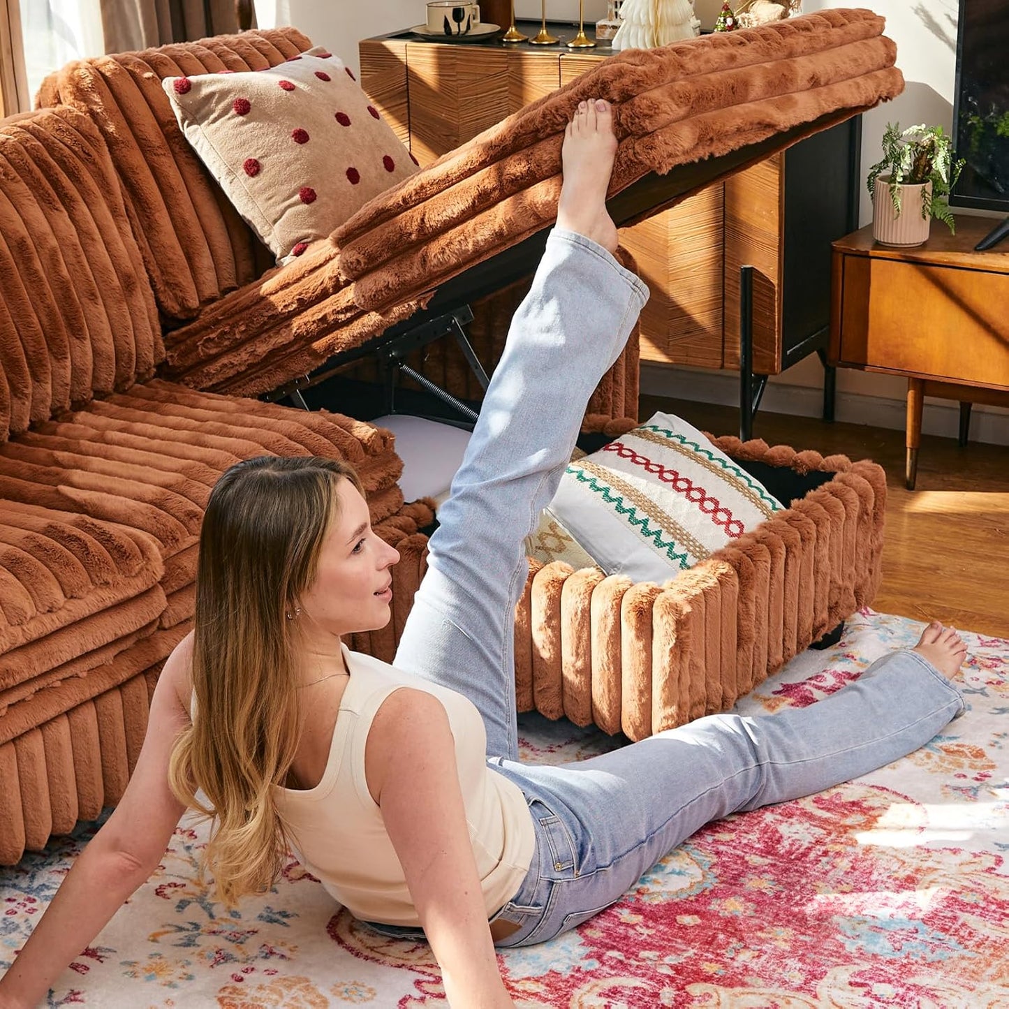 Belffin Oversized Sofa Bed Modular Sectional Sleeper Sofa with Pull Out Bed L Shaped Couch with Storage Chaise Brick Red Couch