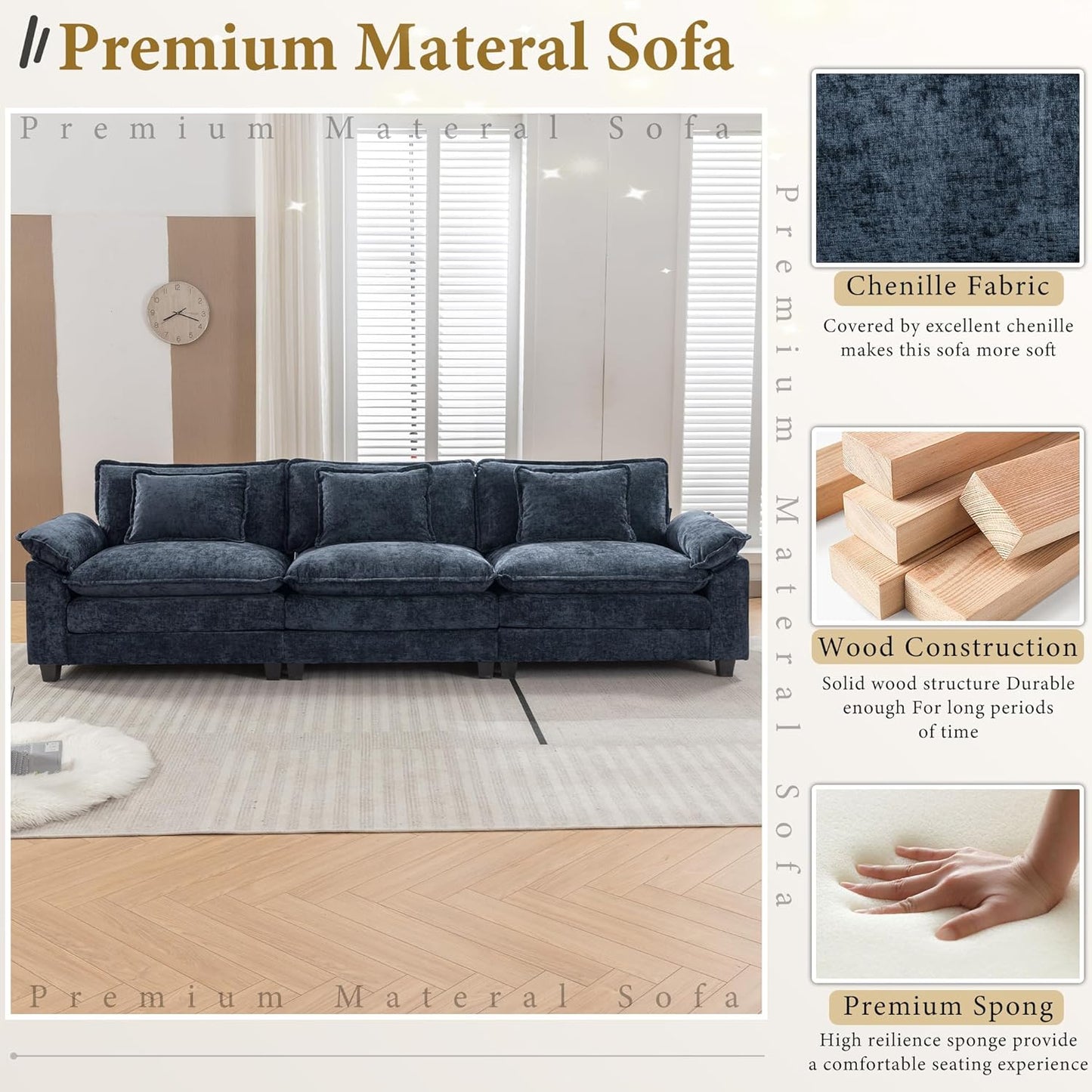 URRED Modular Sectional Sofa Comfy Cloud Couch, Modern Chenille Sofa Sleeper Deep Seat Couches with Ottoman/Pillows for Living Room (Blue, 117'')