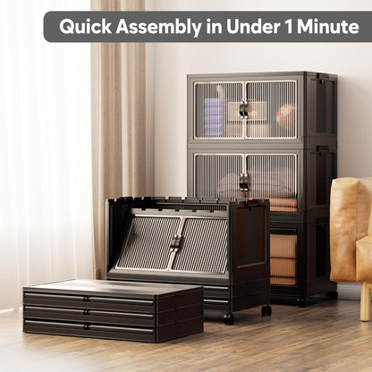 Jalove 88QT Plastic Storage Bins with lids, Stackable Collapsible Storage Containers with Wheels, Closet Organizer and Storage Drawers, Clothes Storage Cabinet for Home Office Garage, 3 Pack Black